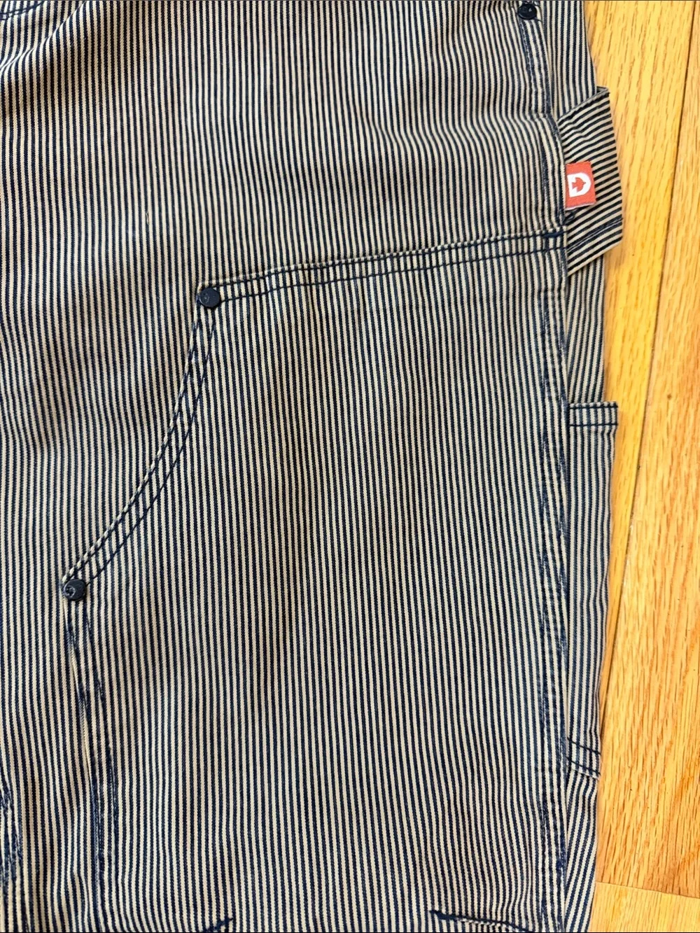 Dovetail Women’s Straight Fit Work Jeans in black and tan Pinstripe